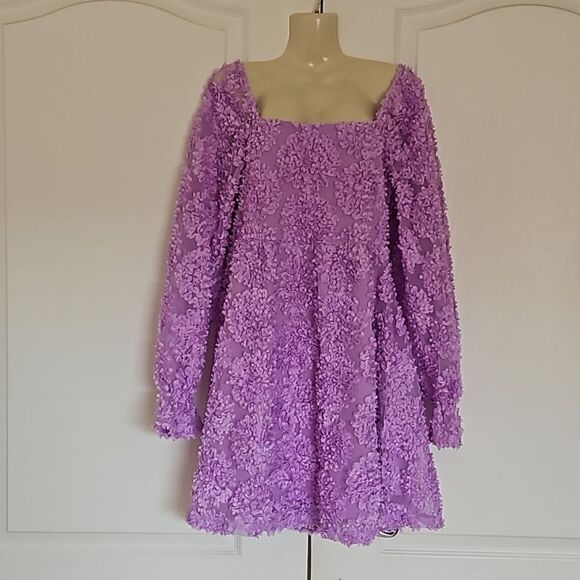 Pieces Premium 3D Rose Petal Long Sleeve Midi Fit & Flare Dress Lavender Medium - Picture 1 of 16